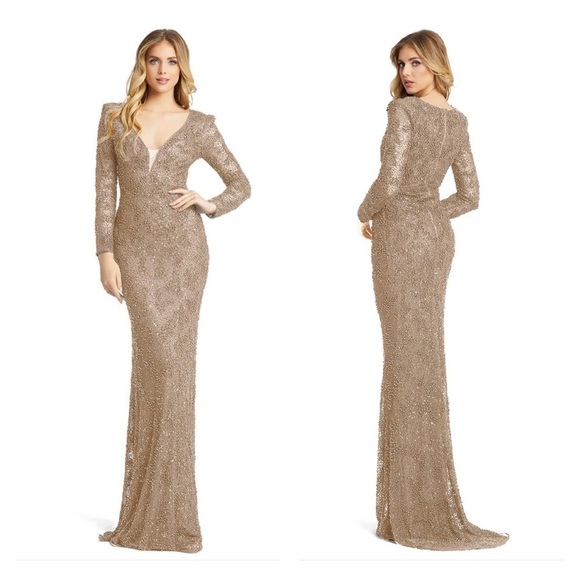 Mac Duggal 5177 NWT BEADED ILLUSION PLUNGE NECK LONG SLEEVE GOWN - Picture 1 of 6